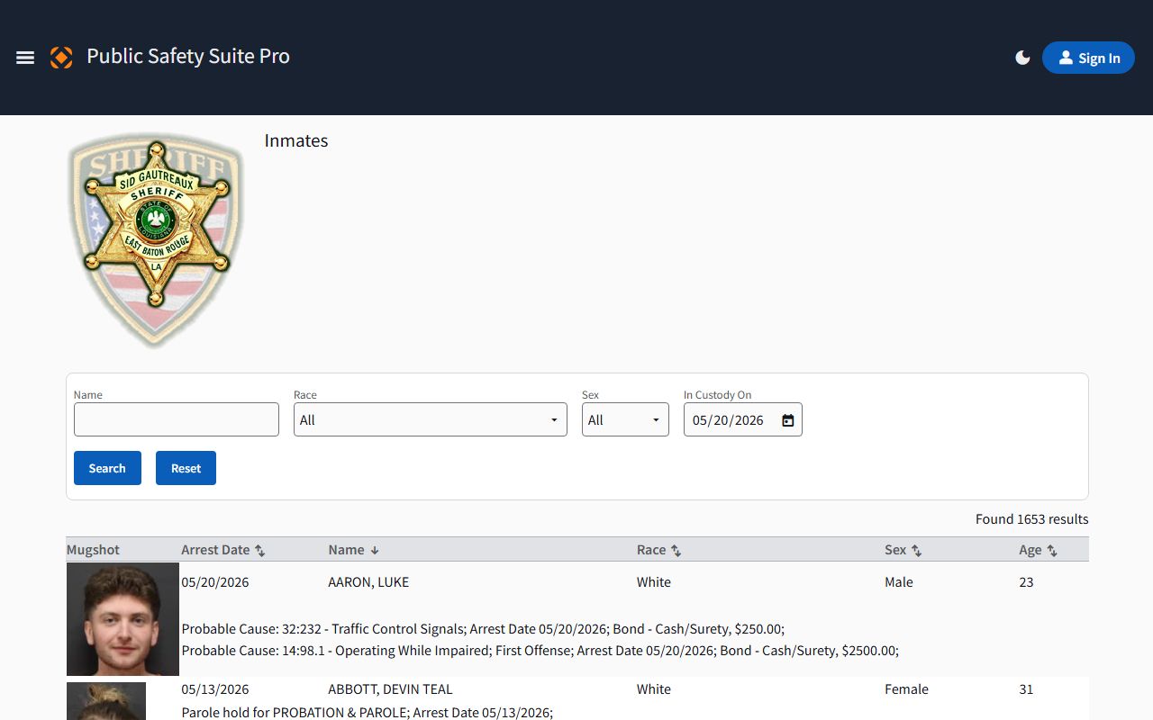 East Baton Rouge Parish court records Sheriff inmate search portal